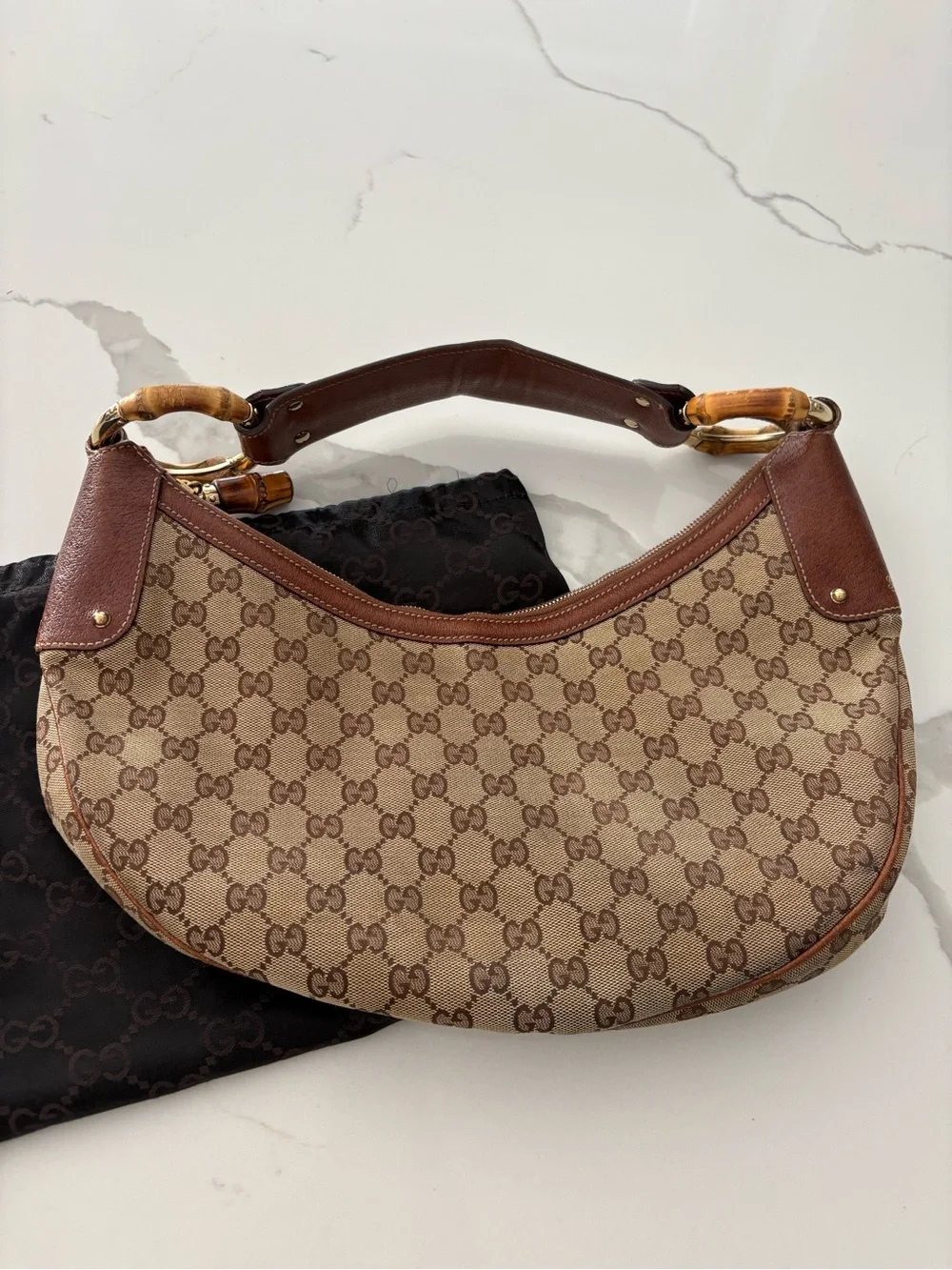 Gucci Beige GG Canvas & Brown Leather Hobo with Bamboo Handles-Vintage